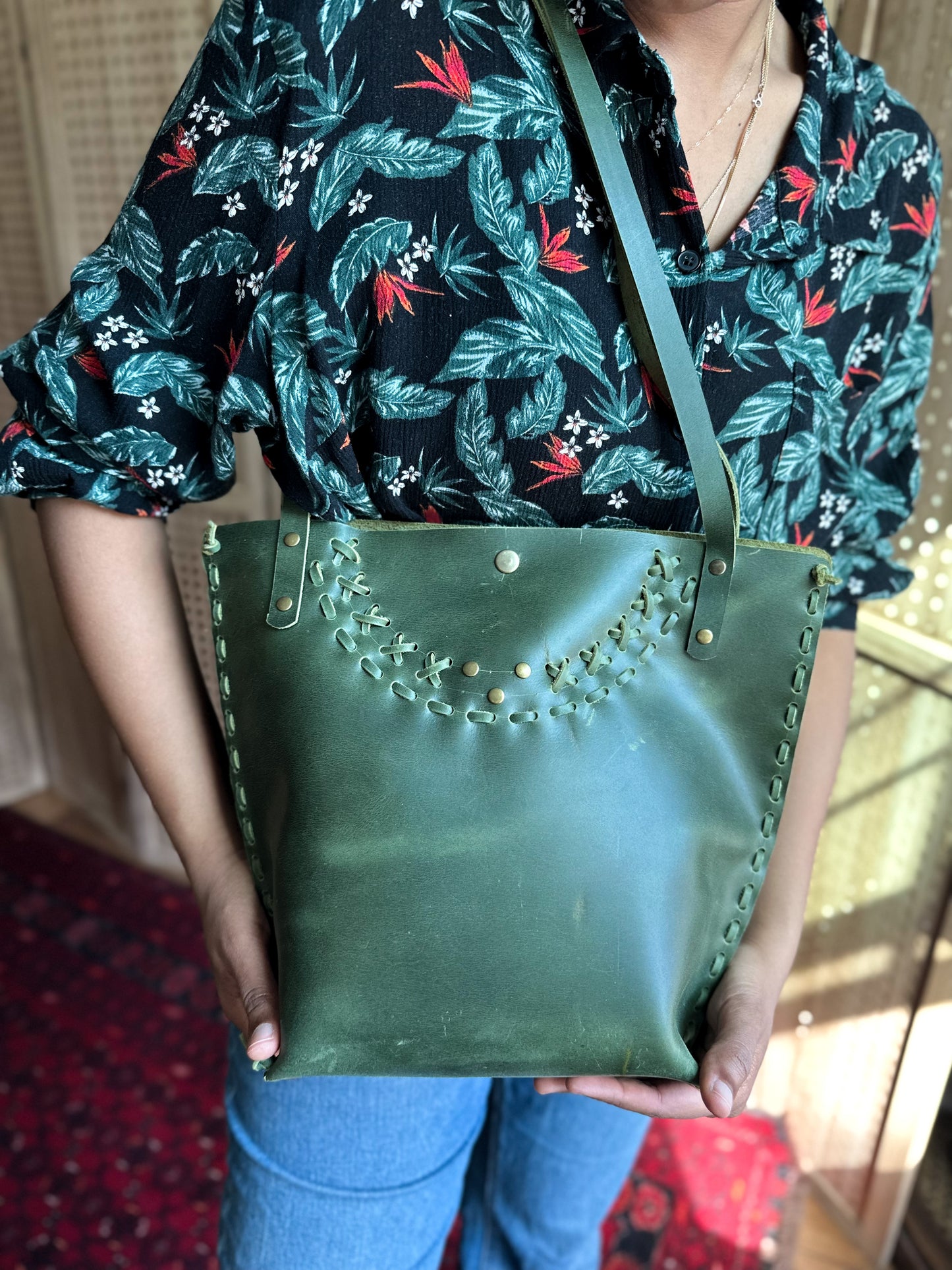 Leather handmade tote bag